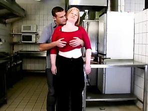 Desiree was cleaning out the kitchen when her boss's son arrived.