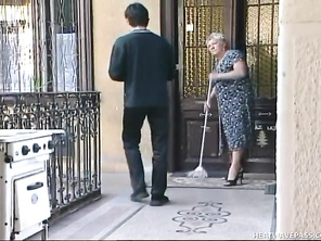 Huge titty BBW creamy Debora is sweeping her doorstep like a good suburban housewife when younger stud Dave turns up.